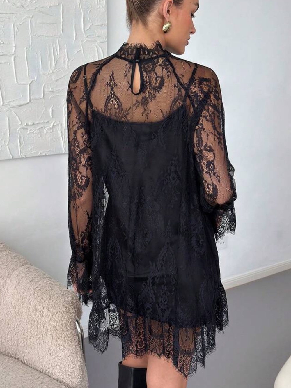 Women's Elegant Sexy Mesh Long Sleeve Top, Lace Embroidered Tulle Dress - Picture 6 of 7